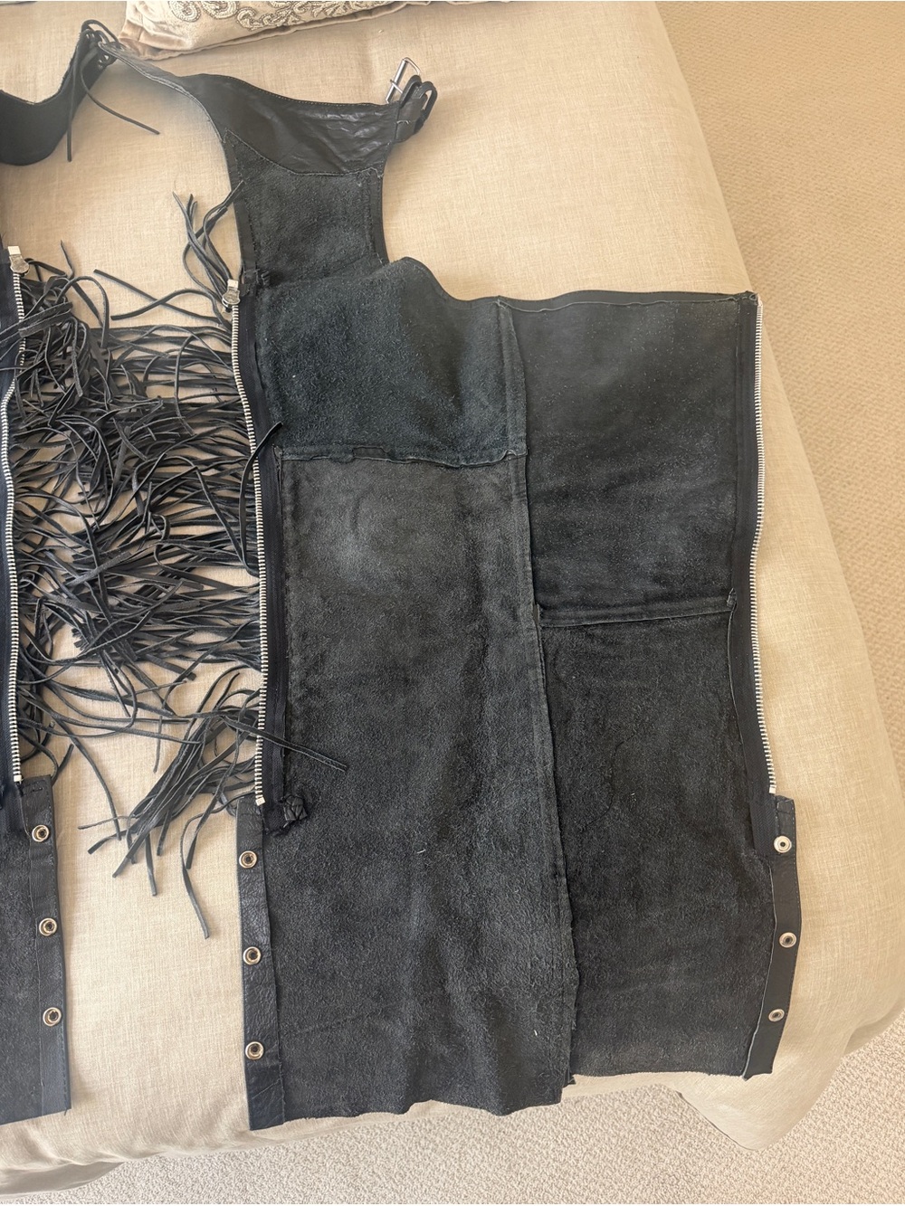 Black Leather Fringe Women's Motorcycle Chaps - Picture 4 of 7